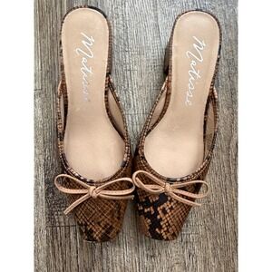 Matisse Snake Print Block Heel Mules Brown Square Toe Bow Slip On Shoes Womens 6